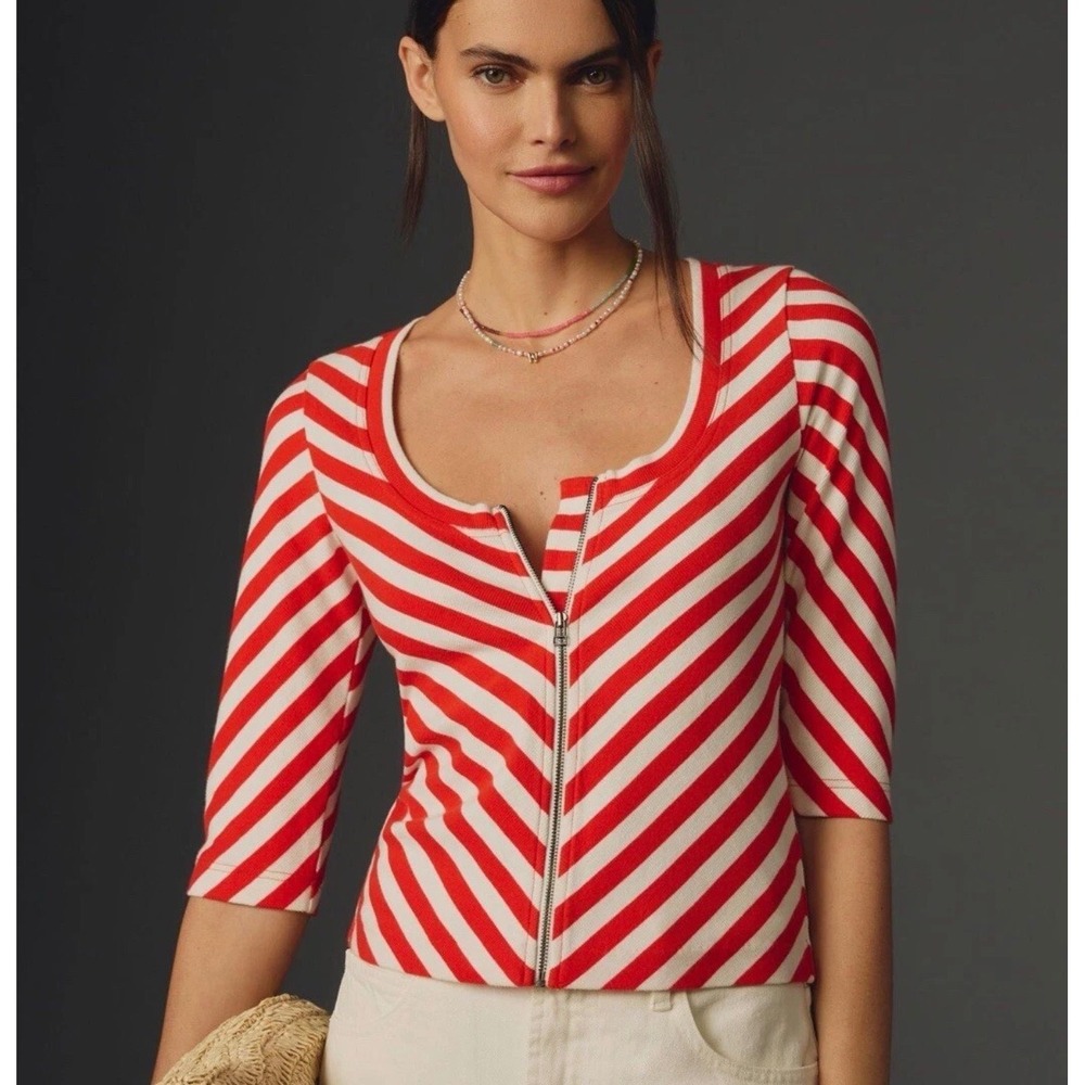 Maeve Anthropologie Front-Zip Scoop-Neck Top Womens Medium Red White French Girl